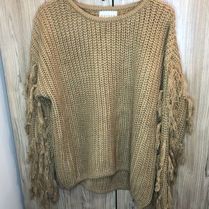 Sweater with fringe trim on sleeves